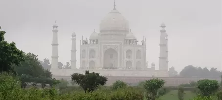 The Taj Mahal through the mist and rain