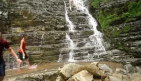 Enjoying the warm waters of the Morpho Waterfall