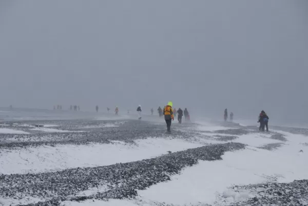 First Antarctic landing. Blizzard