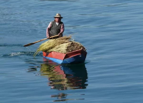 Paddling a cayuco, the traditional Lago Atitlan boat, with a load of reeds for weaving.