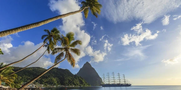 Magnificent sailing ship moored in the Soufrière Bay, on the southwest coast of Saint Lucia.