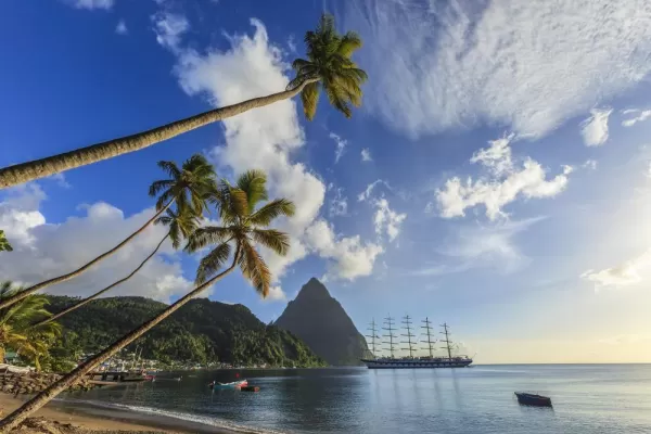 Magnificent sailing ship moored in the Soufrière Bay, on the southwest coast of Saint Lucia.