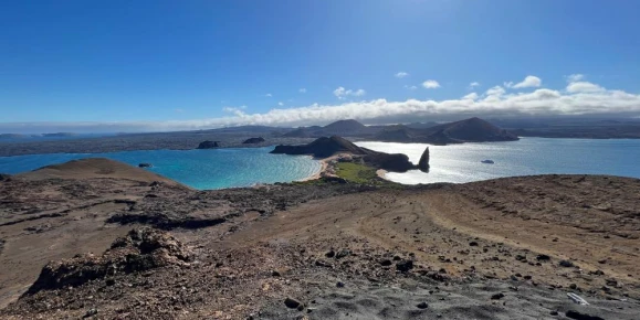 Mosquera Islet Island on a clear sunny day, beach and ocean view, Galapagos Ecuador