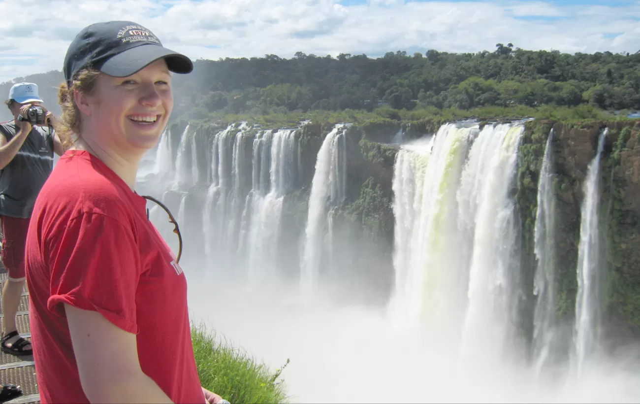 Happy Traveler at Iguazu Falls Devil's Throat Canyon  on Argentina vacation