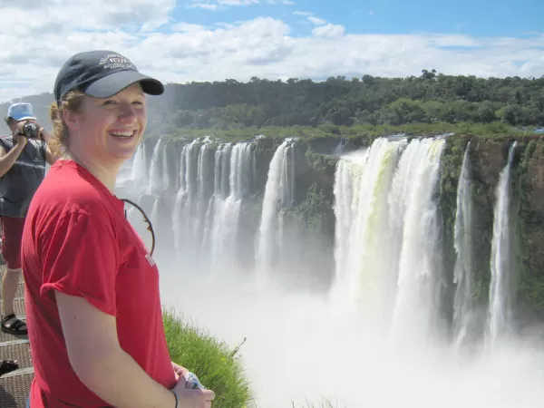 Happy Traveler at Iguazu Falls Devil's Throat Canyon  on Argentina vacation