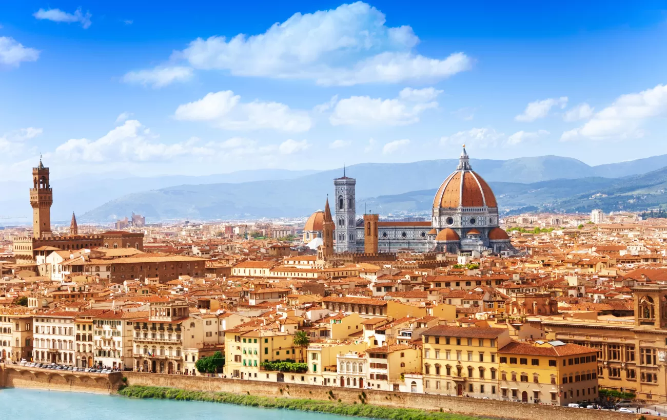 Cityscape panorama of Arno river, towers and cathedrals of Florence