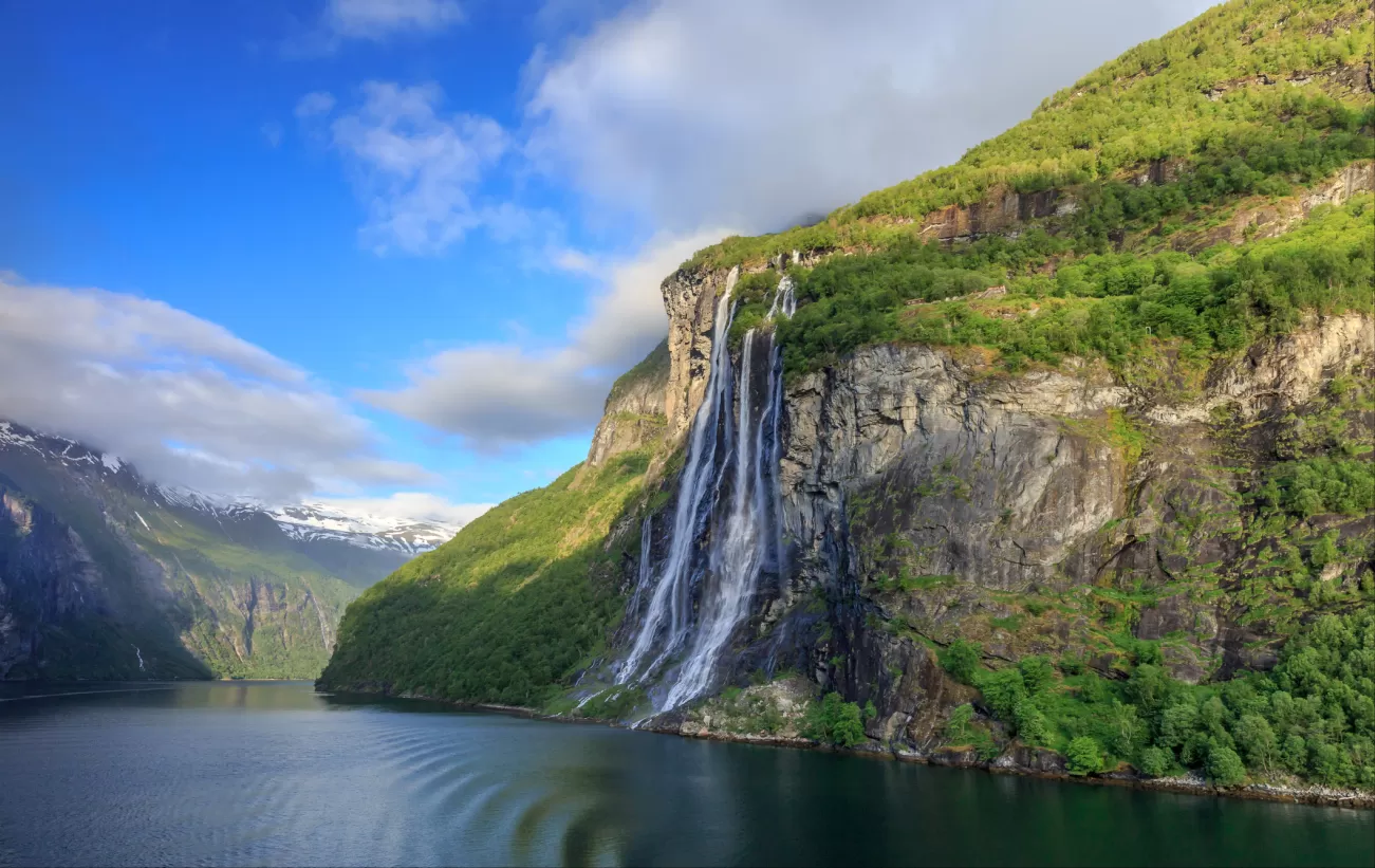 View on the Waterfalls of the seven sisters at Geiranger Fjord in the morning light