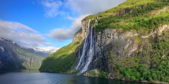 View on the Waterfalls of the seven sisters at Geiranger Fjord in the morning light