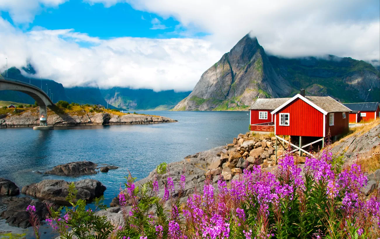 Landscape with red fisherman houses on Lofoten islands, Norway