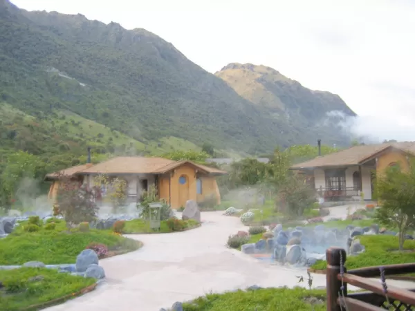 Private hot tubs at Papallacta Hot Springs, an Ecuador trip highlight, bubble and steam outside the cabaÃ±as