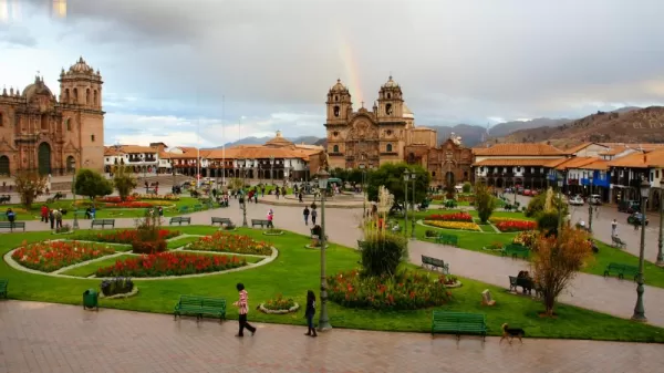 Overlooking the Plaza de Armas, Cusco - double rainbow 