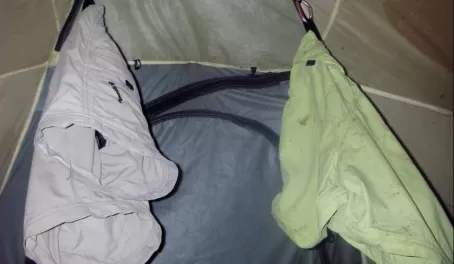 trying to dry our pants inside the tent
