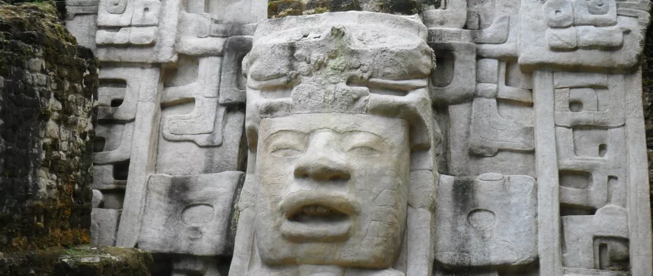 Lamanai Ruins - 13 foot stone mask of Mayan King