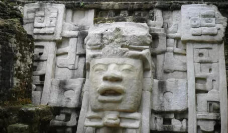 Lamanai Ruins - 13 foot stone mask of Mayan King