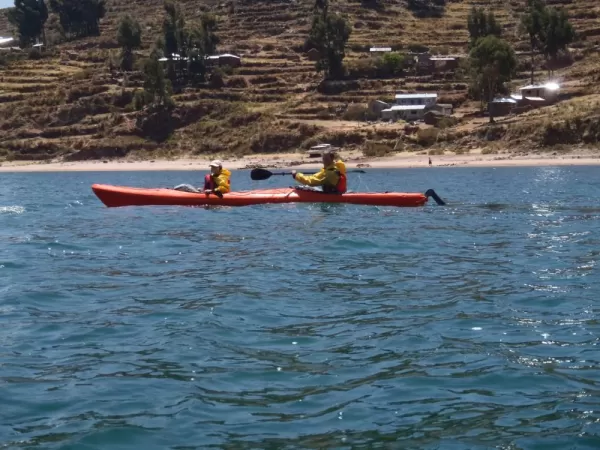 Us kayaking on Lake Titicaca