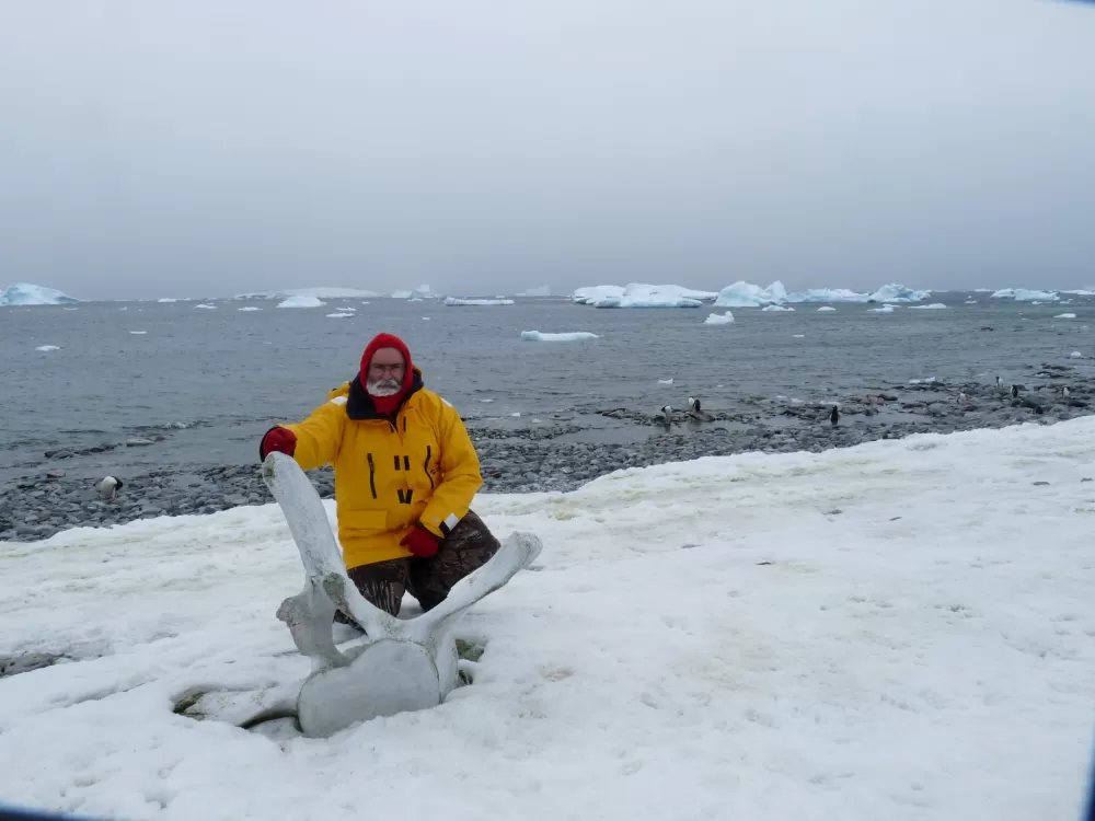 With a large whale bone in Antarctica