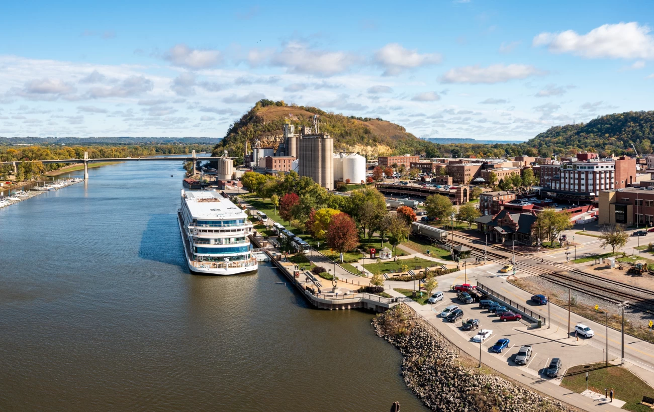 Aerial view of Red Wing, Minnesota with river cruise boat in harbor