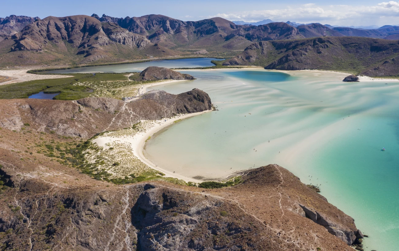 Day time aerial view of Playa Balandra, an iconic beach in La Paz, Baja California Sur, Mexico