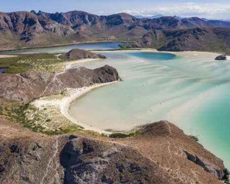 Day time aerial view of Playa Balandra, an iconic beach in La Paz, Baja California Sur, Mexico