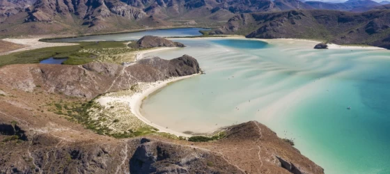 Day time aerial view of Playa Balandra, an iconic beach in La Paz, Baja California Sur, Mexico