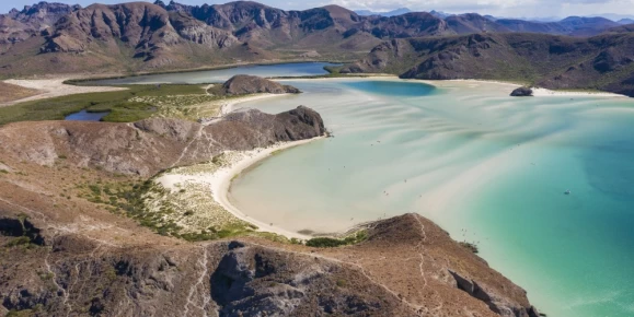 Day time aerial view of Playa Balandra, an iconic beach in La Paz, Baja California Sur, Mexico