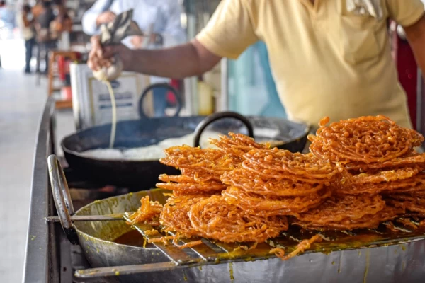 Traditional Jalebi. Indian desserts in pastry shop and street food