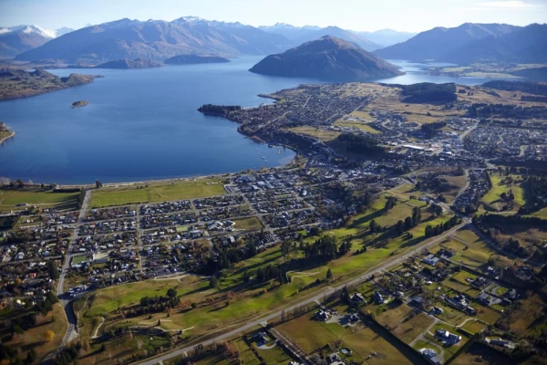 An aerial view of Wanaka, on New Zealand's South Island