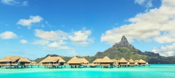 View at Otemanu mountain and luxury bungalow at Bora Bora island, Tahiti, French Polynesia