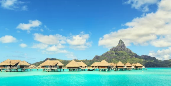 View at Otemanu mountain and luxury bungalow at Bora Bora island, Tahiti, French Polynesia