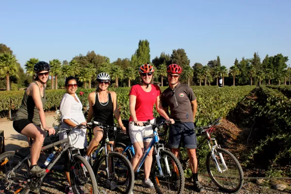 A group of bikers on a Chile wine tour