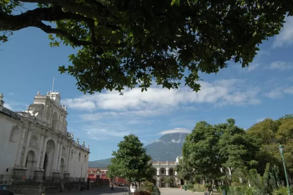 View of an Antigua Cathedral and Volcano in Guatemala