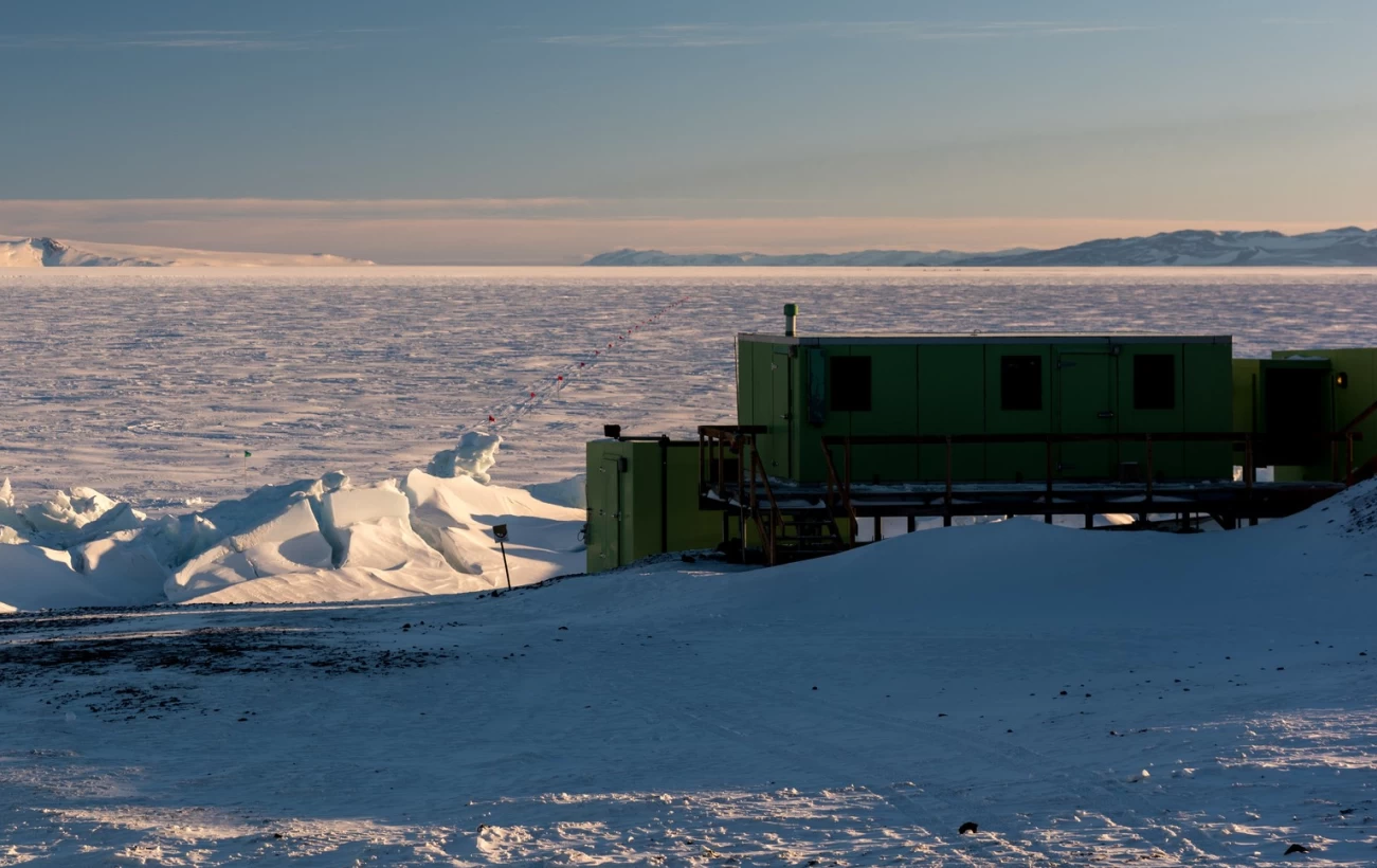 Scott Base, surrounded by the frozen Ross Sea