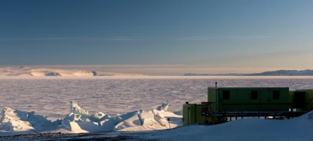 Scott Base, surrounded by the frozen Ross Sea