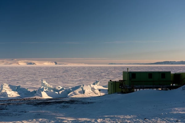 Scott Base, surrounded by the frozen Ross Sea