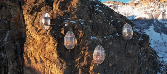 Exterior of the luxury capsules at OVO Patagonia in El Chalten