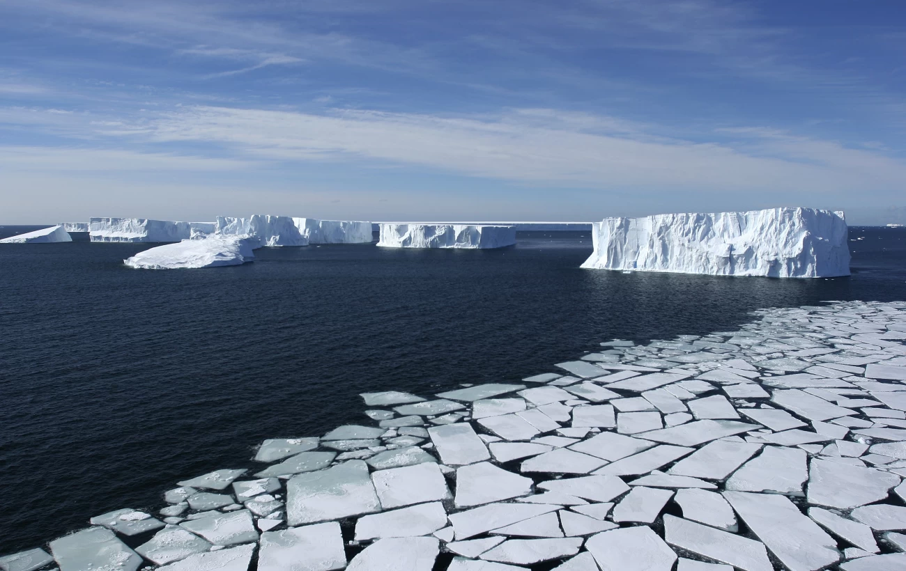 Ross Sea, Antarctica - Aerial View with Pack Ice and Icebergs.