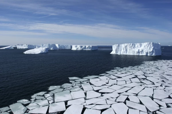 Ross Sea, Antarctica - Aerial View with Pack Ice and Icebergs.