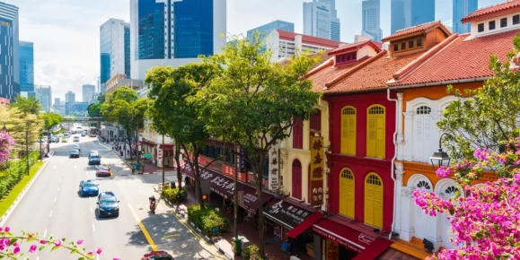 Overhead view of old Chinatown and New Buildings in Singapore