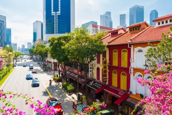 Overhead view of old Chinatown and New Buildings in Singapore