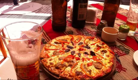 A great wood oven pizza and cold cervaza 