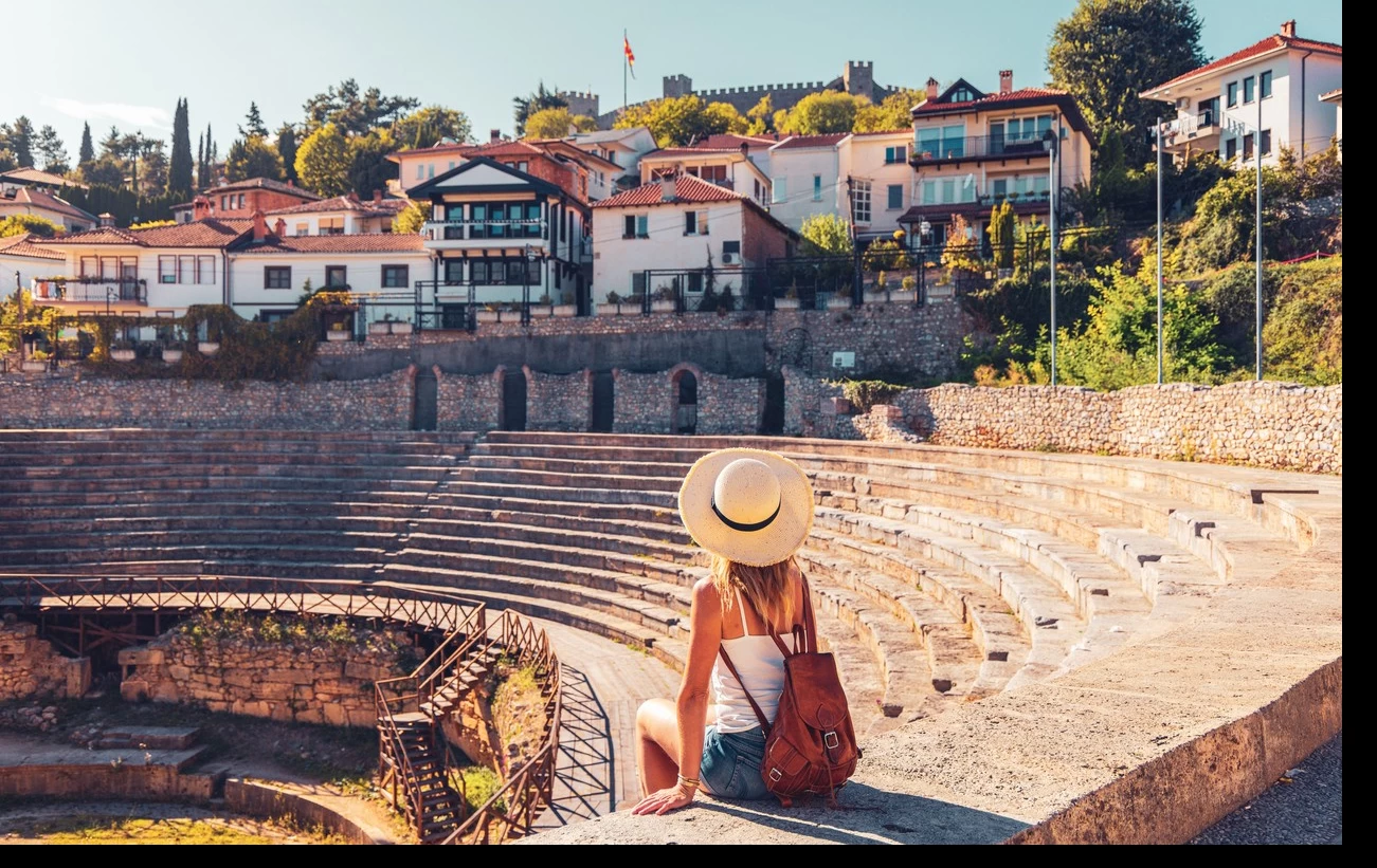 Woman visiting roman theater in Ohrid city
