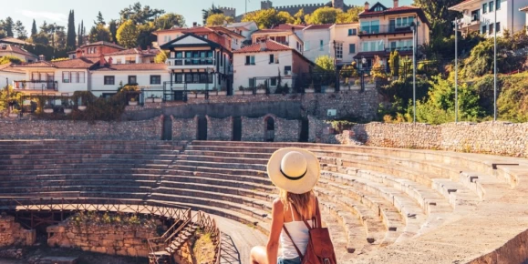 Woman visiting roman theater in Ohrid city
