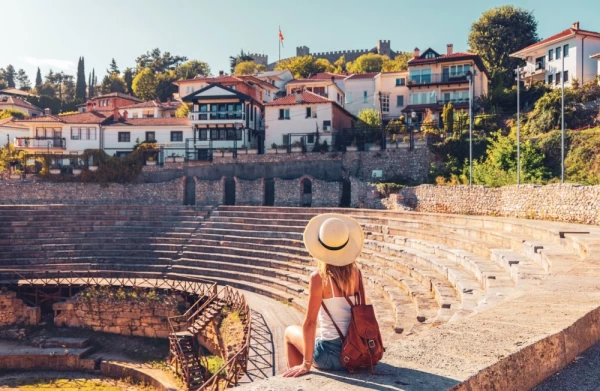 Woman visiting roman theater in Ohrid city