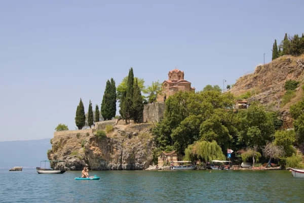 View from the lake towards the church of Saint John Kaneo in Ohrid