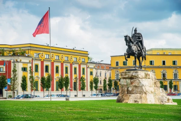 Skanderbeg Monument and Albanian Flag at Skanderbeg Square