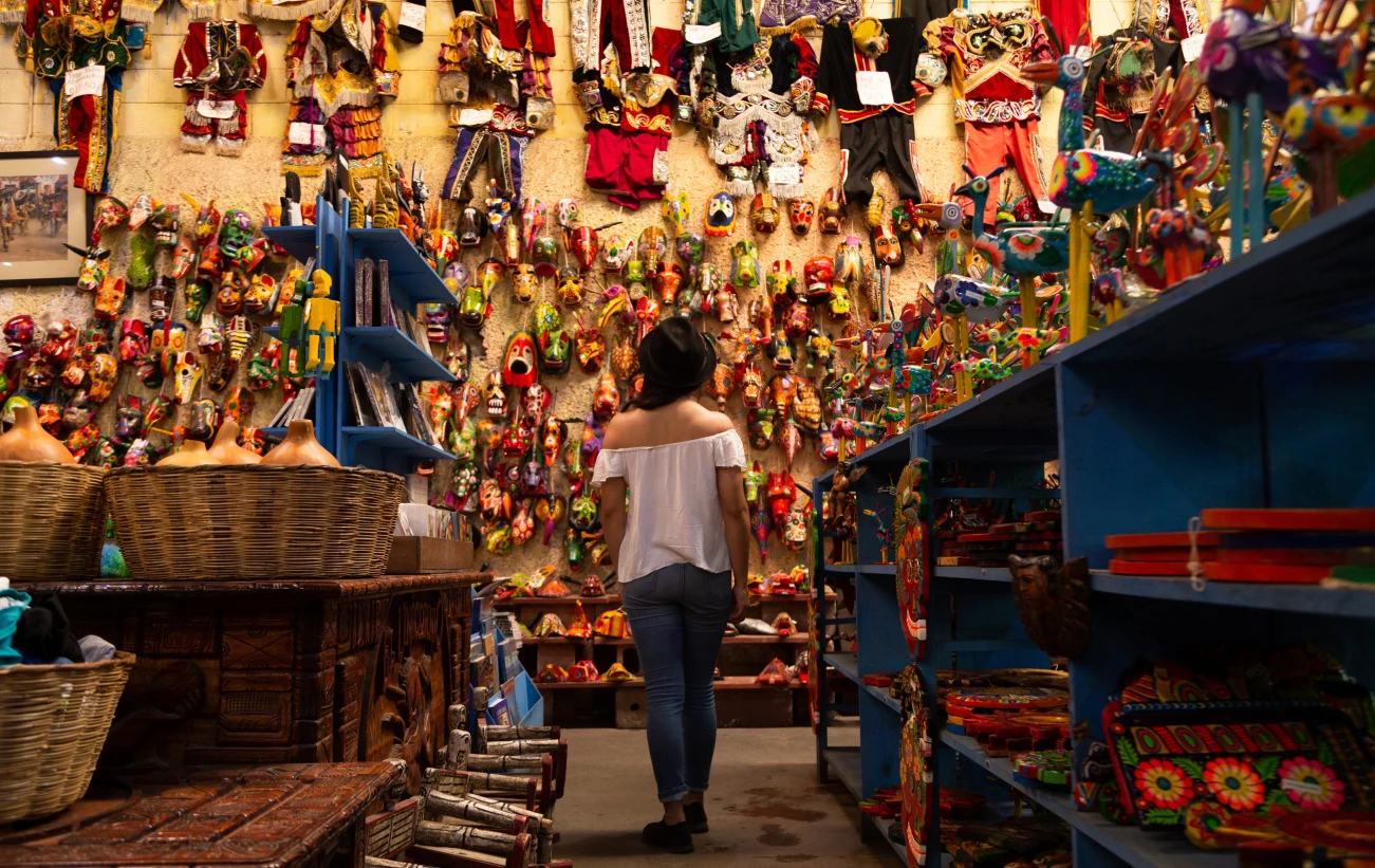 Hand-painted colorful masks at a craft market in Antigua
