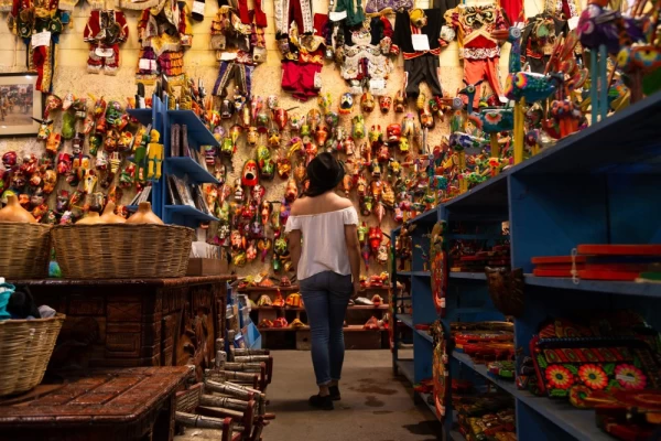 Hand-painted colorful masks at a craft market in Antigua