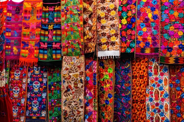 Colorful indigenous maya fabric with different patterns on market in Chichicastenango, Guatemala