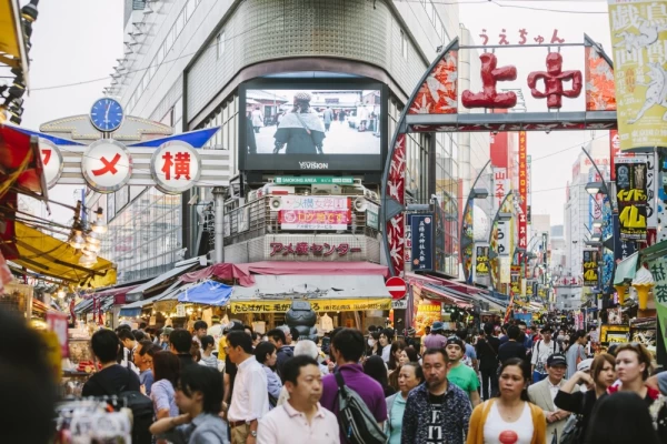 Crowded and busy Ameyoko shopping street in Tokyo, Japan