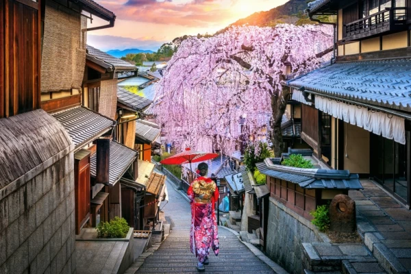 Woman wearing japanese traditional kimono walking at Historic Higashiyama district